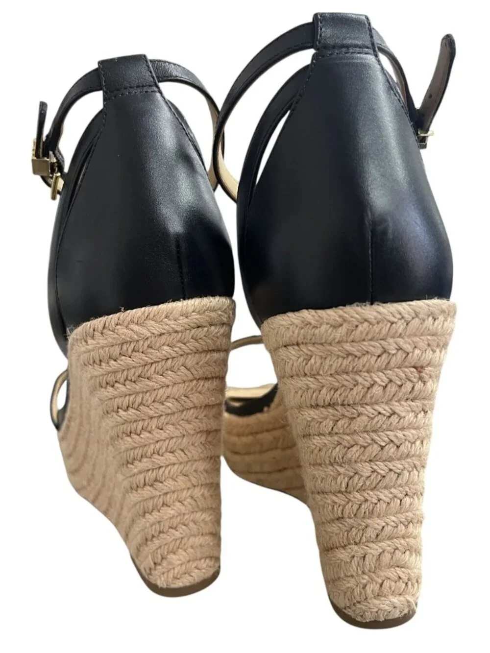 Michael Kors Kimberly Black Leather Espadrille Wedge Sandals Size 10M